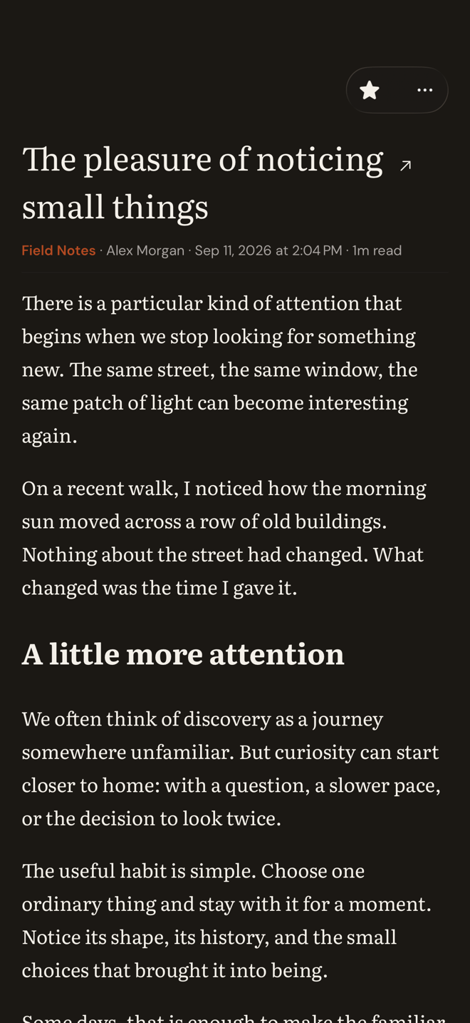 Fold’s reader with an article in Literata, its source, author, and reading time